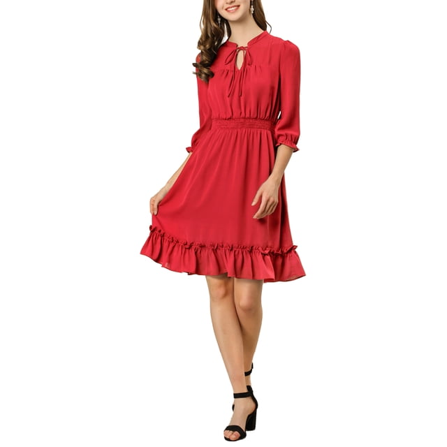 INSPIRE CHIC Women's Layered Ruffle Hem 3/4 Sleeves Smocked Chiffon A-Line Dress M Red