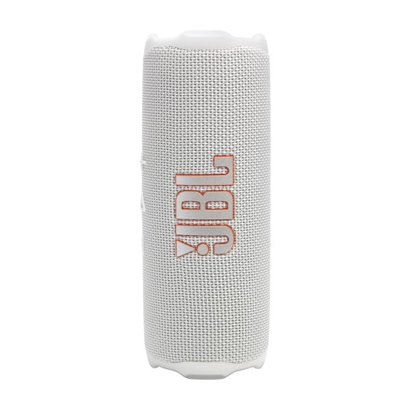 JBL Flip 7 portable waterproof and drop-proof speaker in white, front-facing cylindrical design with white textured fabric grille and orange JBL logo, featuring AI Sound Boost, up to 16 hours playtime, and Auracast multi-speaker connection, ideal for outdoor and indoor use.