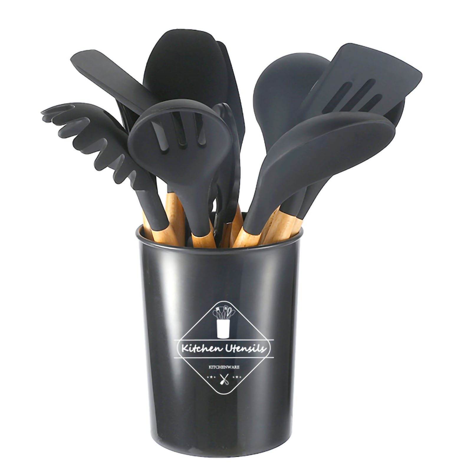 Handle Kitchenware Kit Silicone Cookware Set Wood Handle Non Stick with Container