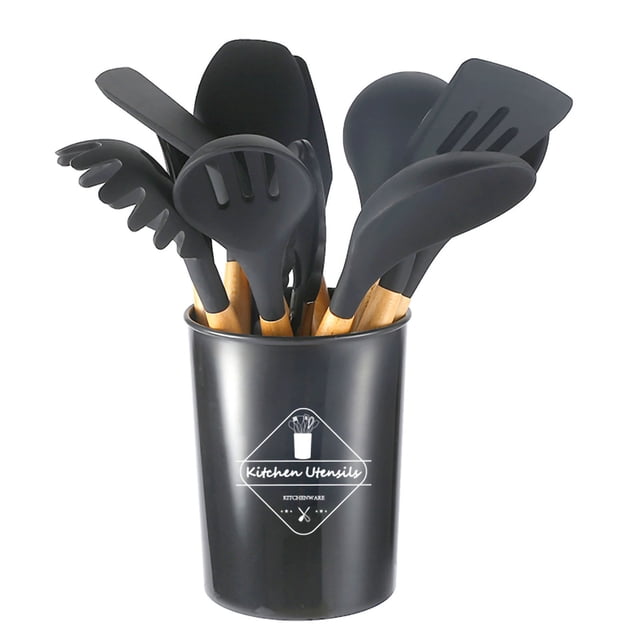 Set Kitchenware Kit Silicone Cookware Set Wood Handle Non Stick with Container