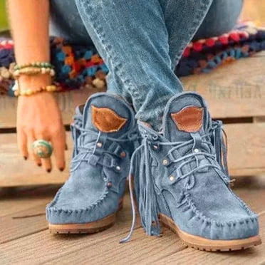 LSLJS Bottes Mode à Talon Plat à Bout Rond à Franges à Lacets Bottines Courtes pour Femmes Plateforme Bottes Nude, Bottes Plates pour Femmes, Bottes pour Femmes