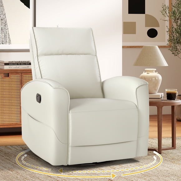 Bonzy Home Fauteuil Inclinable Pivotant à 360°, Fauteuil Inclinable Manuel en Cuir PU avec Pochette Latérale, Fauteuil Berçant pour Chambre de Bébé avec Accoudoirs et Dossier Rembourrés pour Salon, Chambre, Blanc Crème