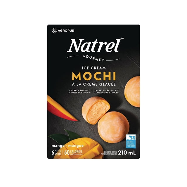 Natrel Mango Ice Cream Mochi showing six round mochi pieces with a soft rice dough exterior and creamy mango ice cream filling, accompanied by fresh mango slices on a dark slate background, 210 ml frozen treat ideal for finger food enjoyment.