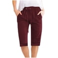 thumbnail image 4 of Summer Clearance 2025! Womens Plus Size Pants,Women Solid Color High Waisted Elastic Drawstring With Pocket Cotton And Linen Five Quarter Pants, 4 of 5