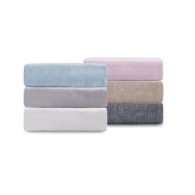 Ensembles de Draps en Coton Biologique Présentés comme Deux Empilements de Draps Pliés en Couleurs pastel et Neutres Incluant Bleu Pâle, Lavande, Blanc, Rose, beige et Gris Foncé, Fabriqués à Partir de 100 % de Coton Biologique avec un Tissu Résistant aux Plis et Facile d'Entretien, Idéal pour la Literie de Chambre et Livré avec un Sac de Rangement Réutilisable.