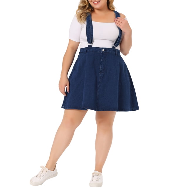 GRACE & GRANDEUR Jupe à Bretelles en Denim pour Femme Grande Taille à Bretelles Ajustables, Dos Croisé, Bleu Foncé 1X
