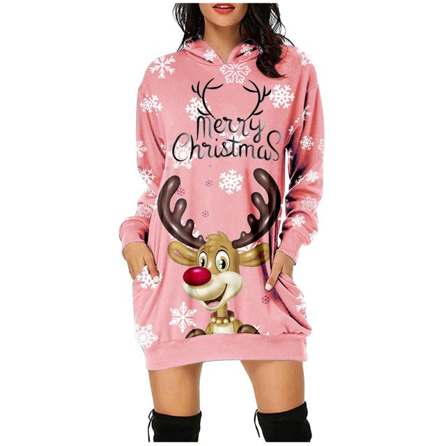 Kcodviy Robes Longues en Coton Imprimées de Noël pour Femmes, Décontractées d'Été, à Manches, Chandail à Capuchon avec Poche pour Magasinage, Robes pour Femmes, Chandail à Capuchon à Enfiler, Robe, Robes pour Femmes Décontractées d'Été, Chandail à Capuchon