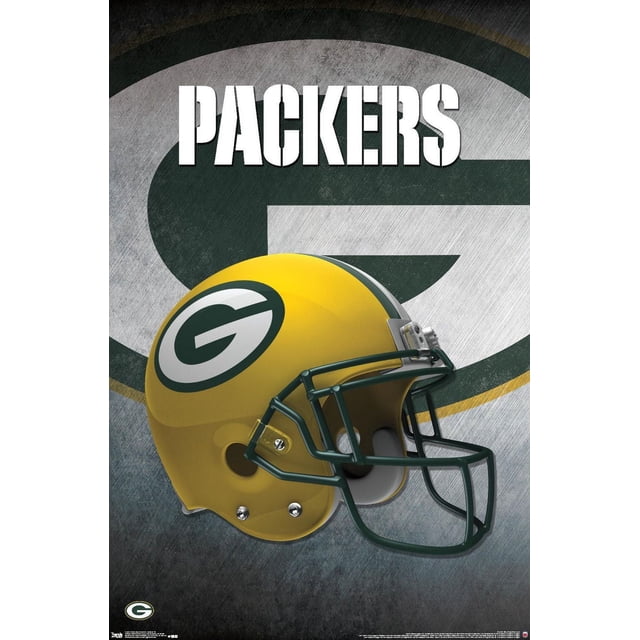 NFL Green Bay Packers - Affiche Murale de Casque 16, 22,375 Pouces x 34 Pouces Encadrée Montrant une Vue Latérale Centrée d'Un Casque de football Jaune avec un Masque Vert Foncé et le logo « g » des Packers sur le Côté, sur Fond Texturé avec un Grand logo des Packers Délavé et un Texte « Packers » Blanc Audacieux au-Dessus, art Mural Idéal pour la Déco de la Maison, les Bureaux Ou les Chambres de Fans.