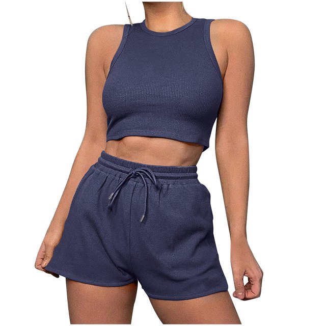 ShomPort Womens 2PC Matching Set Sleeveless Round Collar Crop Tops High Elastic Waisted Drawstring Shorts Comfort Athletic Outfits