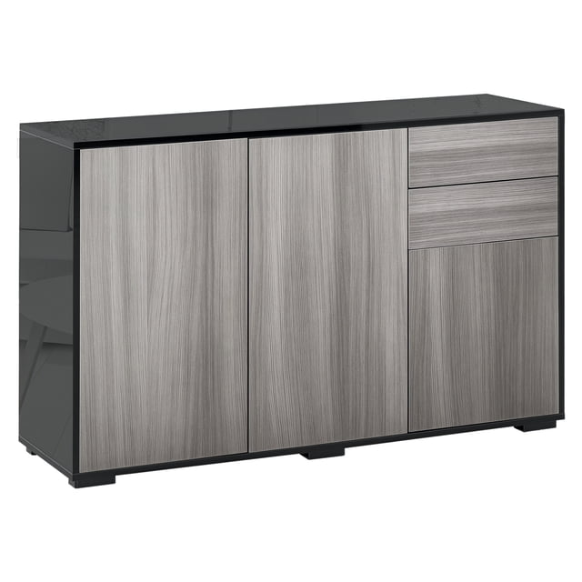 HOMCOM Buffet de Cuisine avec Tiroirs à Ouverture par Pression et Armoires de Rangement, Doté d'Une Finition Grain de Bois Grise avec Dessus Noir à Fini Très Lustré et Panneaux Latéraux. Comprend Deux Tiroirs à Pression et Clic, Deux Armoires avec Tablettes Ajustables et un Plateau Plat pour un Rangement Polyvalent. Fabriqué en Panneau de Particules avec Sangles Anti-Basculement pour la Sécurité et une base Surélevée pour la circulation de l'Air. Dimensions : 46,1 Pouces de long, 14,2 Pouces de Large et 29,1 Pouces de Haut.