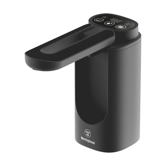 Westinghouse Distributeur de Pompe pour Bouteille d'Eau Rechargeable par USB en Noir Mat avec Corps Cylindrique compact, Bec Pliable et Panneau de Commande à une Touche sur le Dessus avec options de Distribution et Voyants Indicateurs, Conçu pour une Distribution d'Eau portable et Sans Fil à Partir de Bouteilles standard de 5 Gallons, Convient à la Maison, au Bureau et au camping.