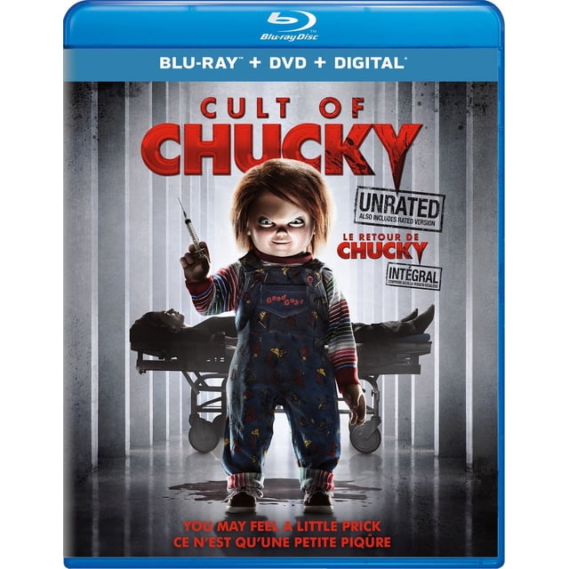 Cult Of Chucky Blu-ray + DVD + Digital cover showing the Good Guy doll holding a syringe in a dim asylum corridor with a bloodstain on the floor and a medical gurney behind, featuring bilingual English and French text and unrated edition labels.