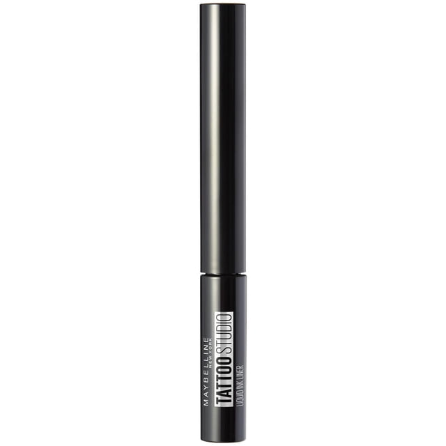 Maybelline New York Tattoo Studio Liquid Ink Eyeliner black 1.1 mL in a slim black tube with a long cap and white printed branding, featuring a precision tip for fade, smudge, and sweat-resistant eye makeup lasting up to 36 hours, also suitable for detailed graphic liner styles.
