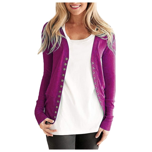 MIASHUI Women's V-Neck Button Front Knit Cardigan, Fashion Solid Color Open Front Lightweight Casual Jacket for Women Purple,XL