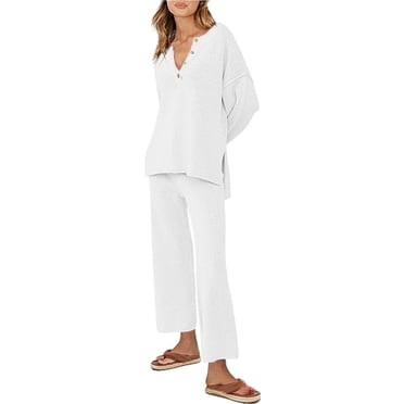 Tumotour 2 Piece Sets for Women Waffle Long Sleeve Lapel Top Wide Leg Pants Sweatshirts Sets Tracksuit Sets Casual Fashion Two Piece Lounge Sets for Vacation Beach Travel Outfits