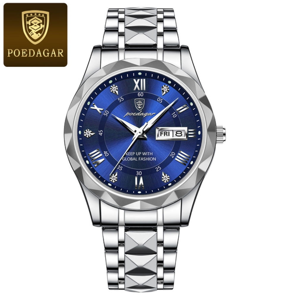 POEDAGAR Men Blue Luxury Quartz Stainless Steel Strap Watch 