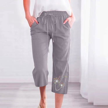Jsaierl Women's Linen Capri Pants with Drawstring Summer Beachwear Lightweight Elastic Waist Pants Plus Size Casual Wide Leg Capris