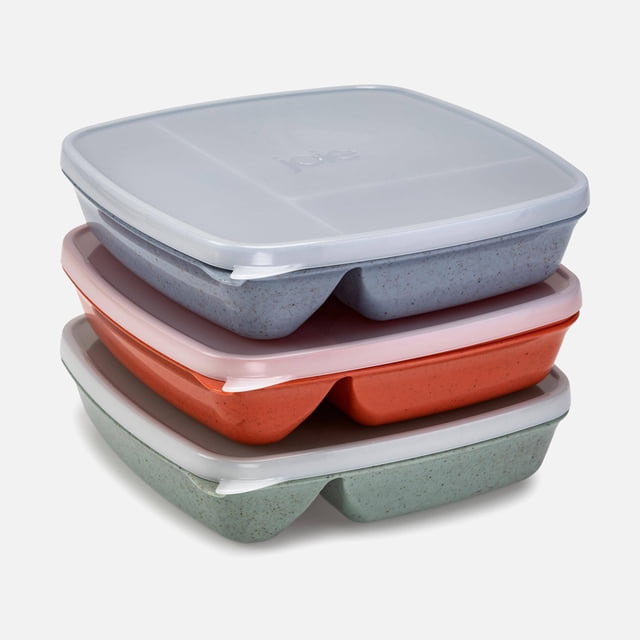 Joie Meal Seal Bento Boxes Assorted set of 3 stacked with air-tight, leakproof lids in muted blue, orange, and green BPA-free plastic, each featuring partitioned sections for one large main and two smaller sides, suitable for kitchen food storage and meal organization on the go.