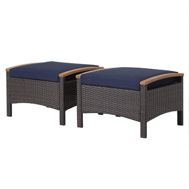 Patiojoy Outdoor PE Wicker Ottoman Set of 2 Patio Rattan Footrest Seat with Soft Cushions & Curved Acacia Wood Handles Navy Blue
