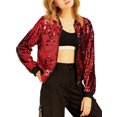 thumbnail image 2 of INSPIRE CHIC Veste à Paillettes pour Femme Fermeture Éclair Poches Cachées Blouson Bomber m Rouge, 2 of 8