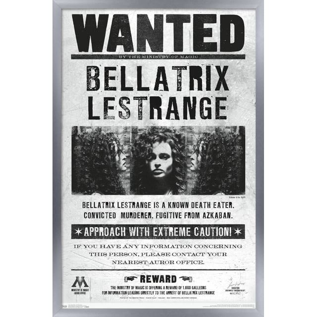 Le Monde des Sorciers : Harry Potter - Affiche Murale Bellatrix Recherchée, 14,725 Pouces x 22,375 Pouces Affiche une Affiche Vintage en Noir et Blanc avec Texte Audacieux « Wanted » et « Bellatrix LESTRANGE ». Elle Présente des images de Profil Latéral de Bellatrix LESTRANGE aux Cheveux Bouclés, Identifiée comme un Meurtrier Connu, et fugitive d'Azkaban. l'Affiche Avertit de s'Approcher avec une Extrême Prudence et Offre