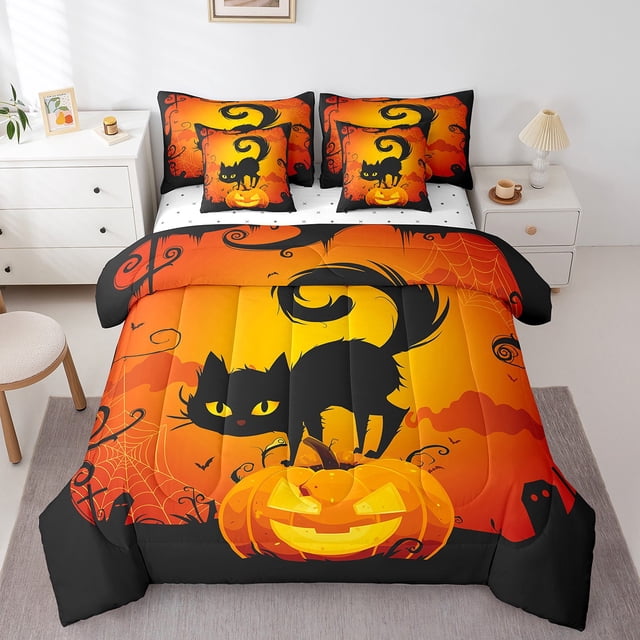 YST 7-Piece Halloween Black Cat Comforter Set, Queen, Pumpkin Decorations, Cartoon Spider Web, Polyester