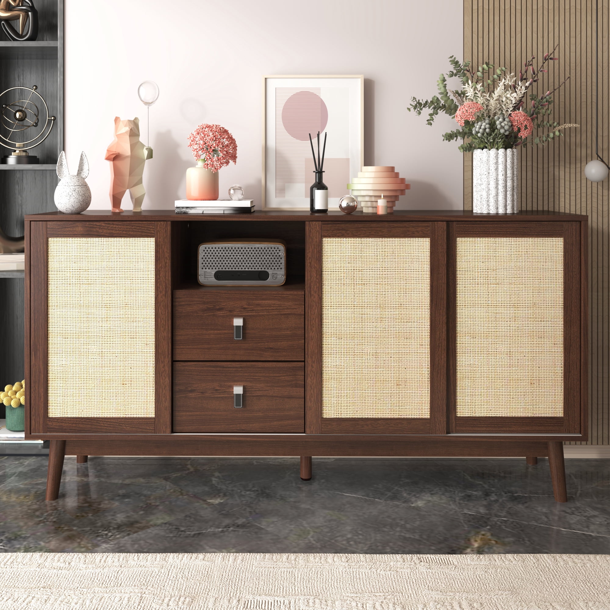 Noble House Buffet 61 Pouces avec Portes Coulissantes en Rotin Véritable et 2 Tiroirs, Armoire de Rangement Respirante et Robuste, Bois de Noyer