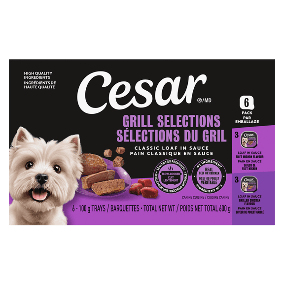 Nourriture humide pour chiens CESAR repas pain classique en sauce Paquet Varié 6x100g (saveur de filet mignon / saveur de poulet grillé)