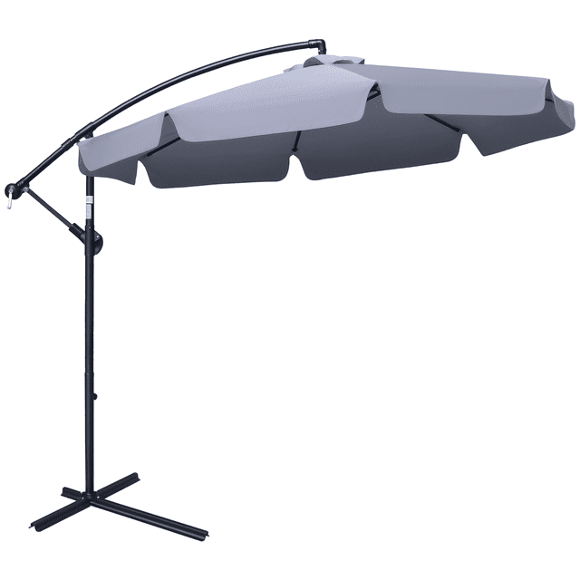 Outsunny Parasol Suspendu Déporté de 9 Pi pour Patio, Gris Foncé, avec Mât en Acier, 8 Baleines pour Soutien et Auvent en polyester. le Parasol a une Conception en Surplomb avec un angle Ajustable et un Système de Levage à Manivelle pour une Utilisation Facile. Comprend une base en Croix pour la Stabilité, Convient à une Utilisation Extérieure sur de Grandes tables Ou Zones d'Assise. Dimensions : 8,7 Pieds de Diamètre et 8,7 Pieds de Hauteur.