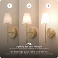thumbnail image 2 of 2-Pack Rechargeable LED Integrated Wall Sconce, Gold Finish, White Fabric Shade, 3-Step Dimmer Touch Switch, 5ft USB-C Charging Cords Included, Battery-Operated, Wireless, 2 of 10