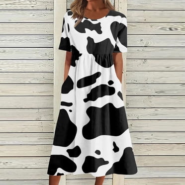 HWRETIE Robe d'Été Imprimée pour Femme à Manches Courtes, Col Rond, Robe de Vacances avec Poches, Décontractée, Coupe Ample, Robe de Plage