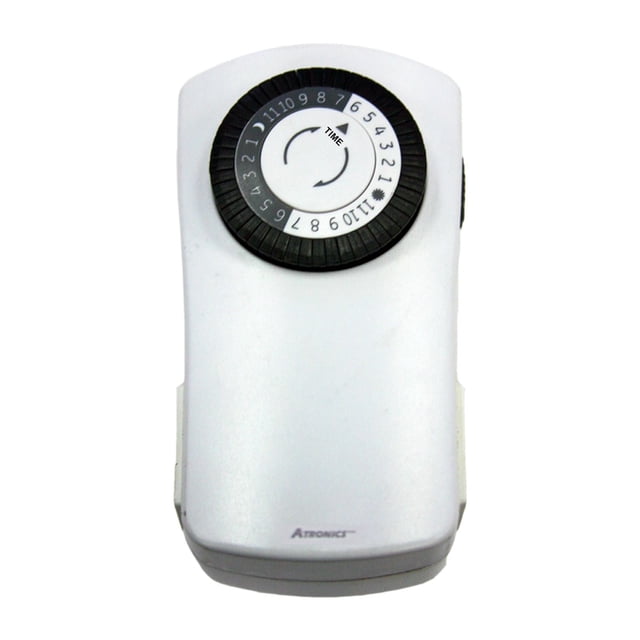 Atron Electro Industries Heavy Duty Indoor 24 hour Timer with 2 Grounded Outlets, a white rectangular mechanical timer switch with a black circular dial numbered 1 to 11 for setting time, suitable for indoor electrical devices and designed to improve energy savings and convenience.