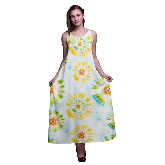 Bimba Robe Longue pour Femmes en Rayonne Imprimée Teinture sur Nœuds Chic Bohème d'Été Maxi de Plage - Grand