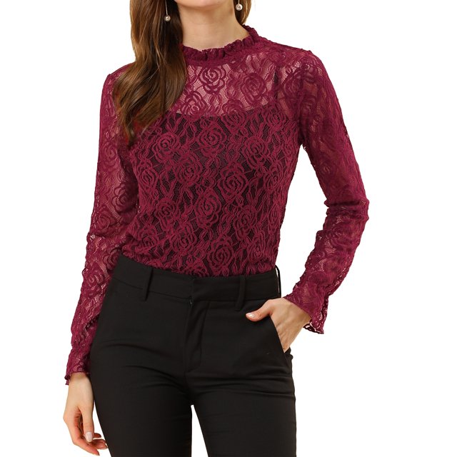 INSPIRE CHIC Women's Crochet Lace See Through Floral Ruffle Neck Blouse