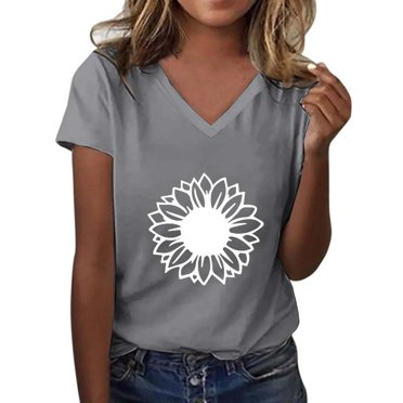 WZXFASHION Women's Casual V Neck Floral Print Top Short Sleeve T Shirt Sale Clearance 2025 Women's Short sleeve T-shirt