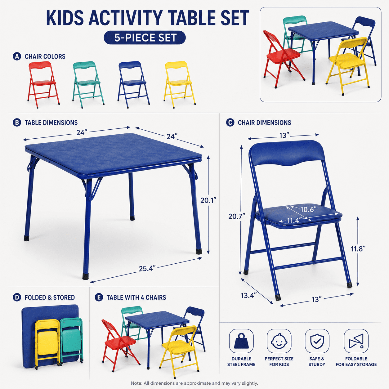 Homy Casa 5-Piece Preschool Activity Table Set, Foldable 24-Inch Kids Table with 4 Colourful Steel Frame Chairs