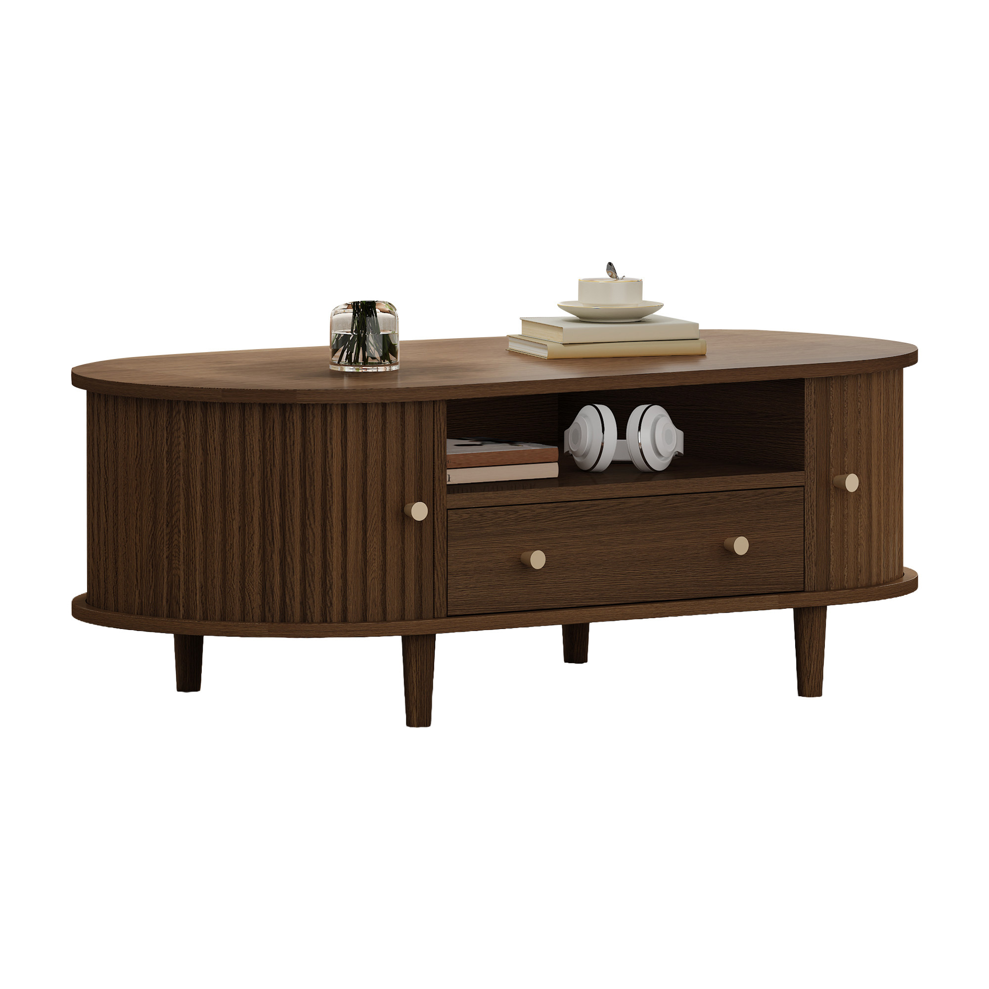 Homy Casa table basse ovale noyer avec tiroir, tablette ouverte et portes tambour pour le salon