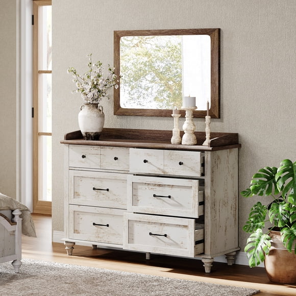 WAMPAT Modern Mid-Century Dresser with 6 Sliding Drawers, Kids Storage Chest, Wooden Closet Organizer for Bedroom, Living Room, Hallway, Rusic White