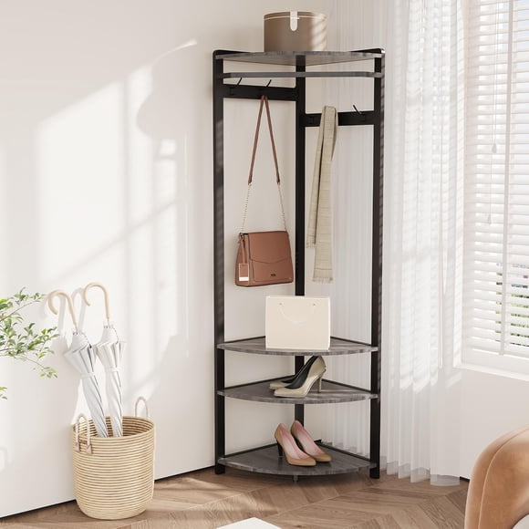 Eastvita Corner Coat Rack with Shoe Bench - Entryway with 6 Double Hooks/Corner Hall Tree with Storage Organizer/Shoe Bench Shelf for Entryway/Hallway/Closet