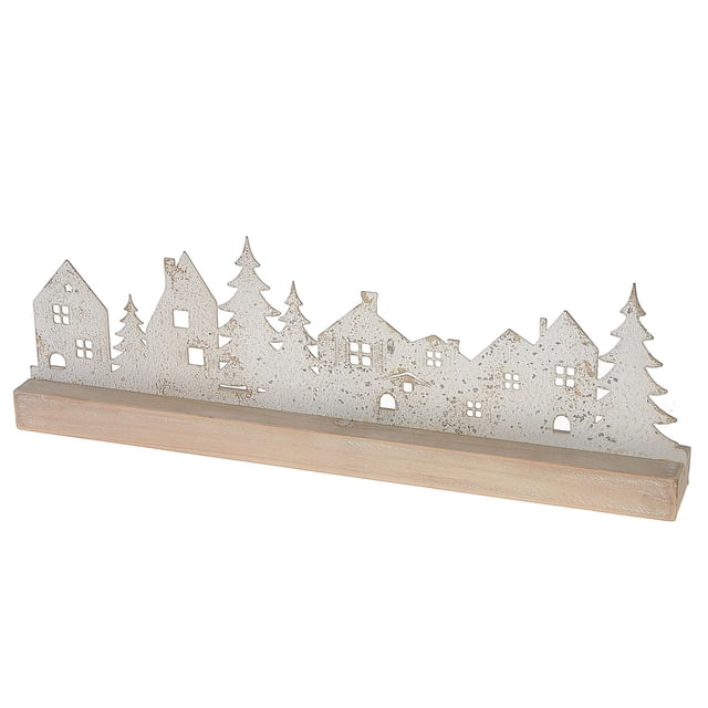 Décor de Table de Village Blanc avec Base en Bois Présentant une silhouette en Métal d'Une Scène de Village Enneigée avec des Maisons et des Pins sur une Base en Bois Naturel, Mesurant 17,72 L x 1,97 L x 5,91 H Pouces, Idéal pour la Décoration de Table et Adapté pour Ajouter un Éclairage d'Ambiance Subtil pendant les Fêtes.