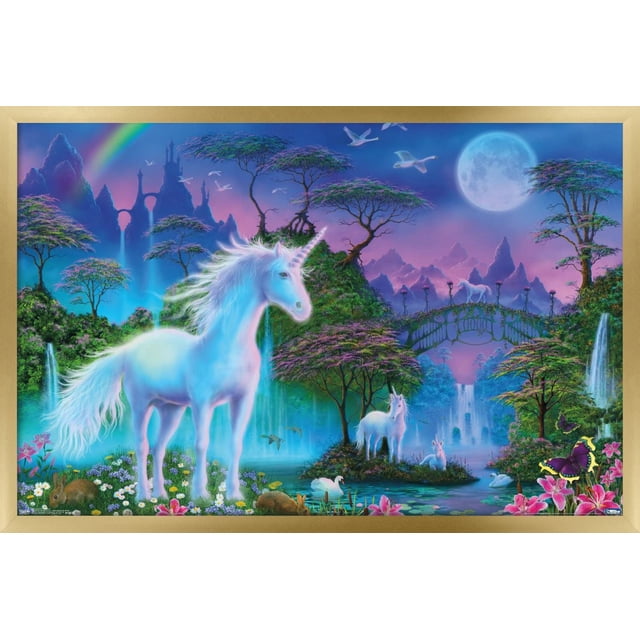 Affiche Murale de Prairie de Licorne, 22,375 Pouces x 34 Pouces, Impression d'Art Fantastique Encadrée Montrant une Grande Licorne Blanche dans un Prairie Vibrante avec des Fleurs, des Lapins et des Cygnes. l'Arrière-plan Présente une Pleine Lune, Arc-en-Ciel, des Oiseaux Volants, des Cascades et un Pont de Pierre avec Deux Petites Licornes. Imprimée sur Papier Lustré, Idéale pour la Décoration Murale de Chambre Ou de Bureau et Convient comme Décoration de Fête unique.