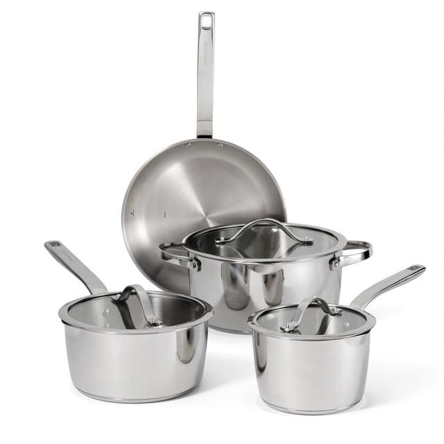 Tramontina Tempo Tri-Ply Base Stainless Steel 7-Piece Cookware Set with Glass Lids, including a 10-inch fry pan, 2-quart and 3-quart saucepans, and a 5-quart Dutch oven. Each piece features a tri-ply base with an aluminum core for even heat distribution, tempered glass lids, and riveted stainless steel handles. Induction-ready, oven-safe up to 350°F, and dishwasher-safe for easy cleaning.