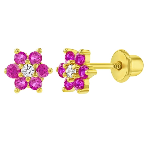 Boucles d'Oreilles à Vis en Forme de Fleur Plaquées Or Fuchsia avec Oxydes de Zirconium Transparents pour Tout-Petits et Enfants 5 mm