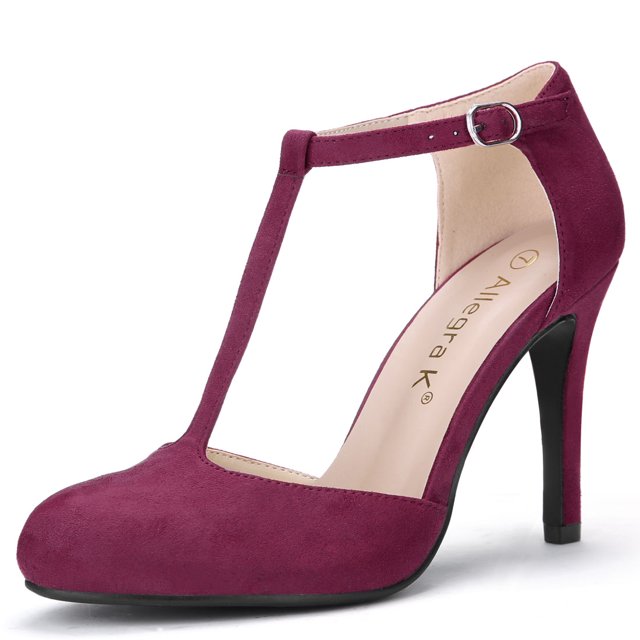 BLISSFUL STEP Chaussures pour Femmes Bout Rond Talon Aiguille Sandales à Bride en T Bourgogne 7