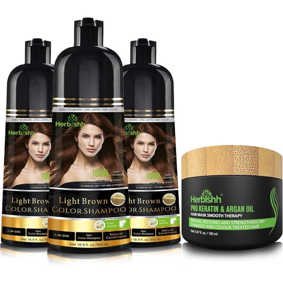 Herbishh Light Brown Hair Color Shampoo for Gray Hair, Hair Dye Shampoo with Argan Hair Mask,3 in 1, 100% Gray Coverage, Permanent Hair Color for Men & Women, Ammonia-free, (Pack of 3)