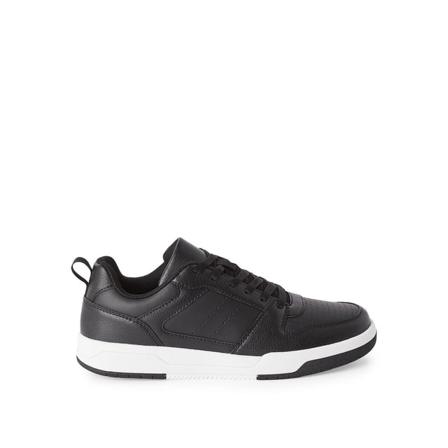 GEORGE MEN'S CASUAL SNEAKER 12BENNYW25 in black faux leather with a round toe, lace-up closure, pull loop at the heel, and a white non-marking rubber outsole designed for traction and durability, shown in side profile on a white background, suitable for casual or smart-casual wear.