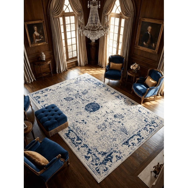Rug Branch Havana Collection Traditional Distressed Area Rug with navy blue and cream floral distressed patterns on a polished hardwood floor, surrounded by vintage blue velvet armchairs with gold cushions, a matching tufted ottoman with fringe, tall arched windows with beige curtains, a crystal chandelier, and classic framed portraits on wood-paneled walls.