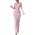 thumbnail image 3 of JGGSPWM Robe à une Épaule à Manches Longues pour Femmes Couleur Unie Froncée Sortie Nocturne Formelle Maxi Automne Invitée de Mariage Robes Rose P, 3 of 8