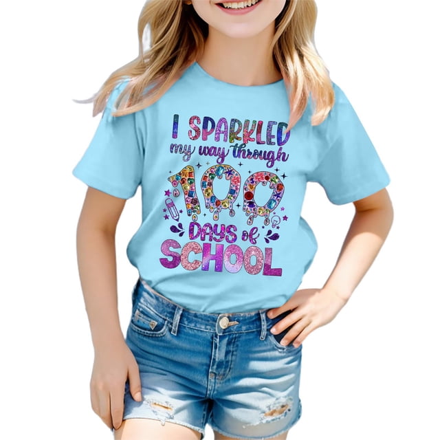LUOGENLI T-Shirt pour Filles Enfants Mode Décontractée Imprimé Col Rond Ample Manche Courte T-Shirt Haut Chemises pour Filles Tendance Mini Bleu Clair 3-4 Ans