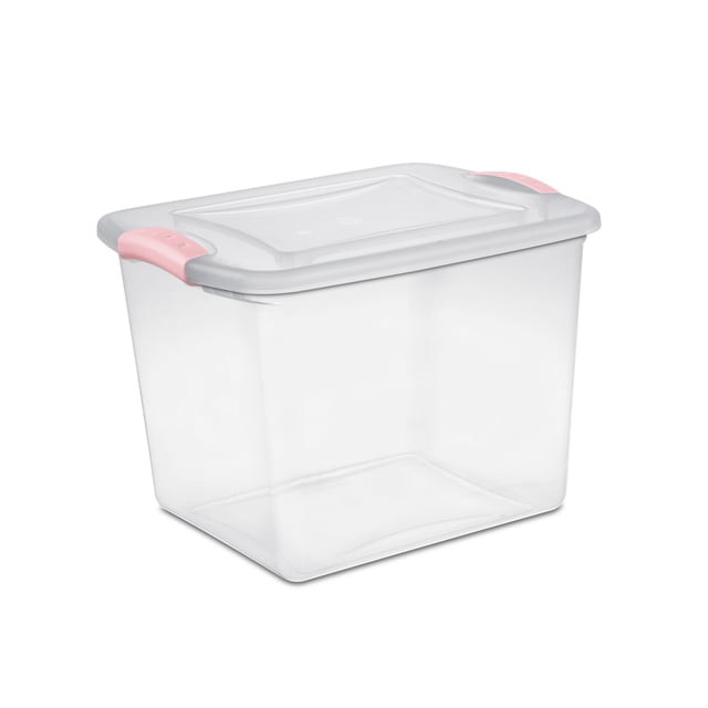 Sterilite 26 Liter Latch Box, Small Clear Plastic Storage Bin with Lid, Pink Latch